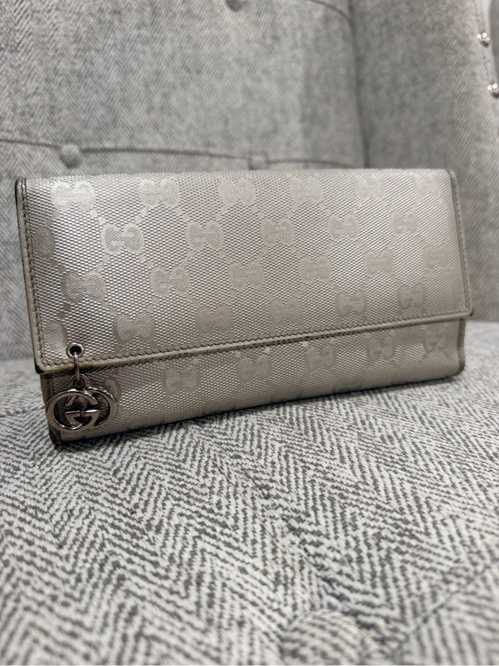 Gucci Silver Metallic GG Monogram Clutch Wristlet
